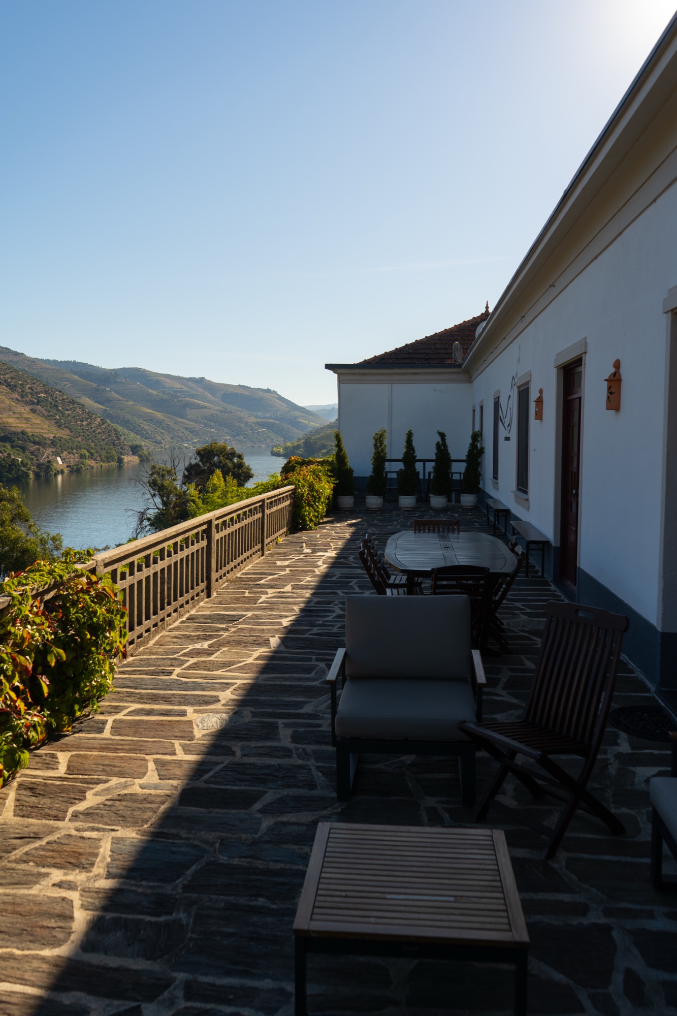 Terrace overlooking the Douro River, Quinta do Tedo, Douro Valley, Portugal